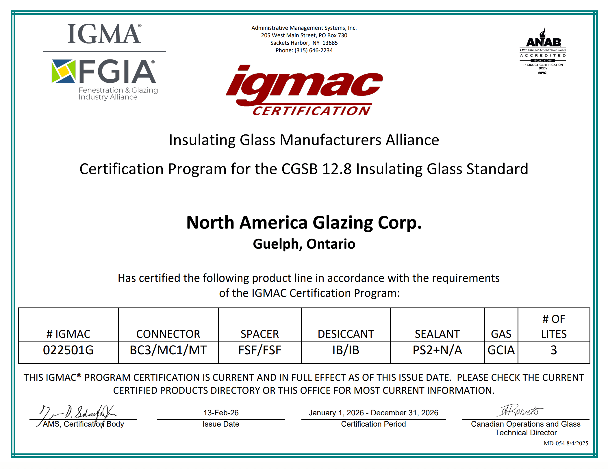 NAGC IGMAC certification for the CGSB 12.8 Insulating Glass Standard